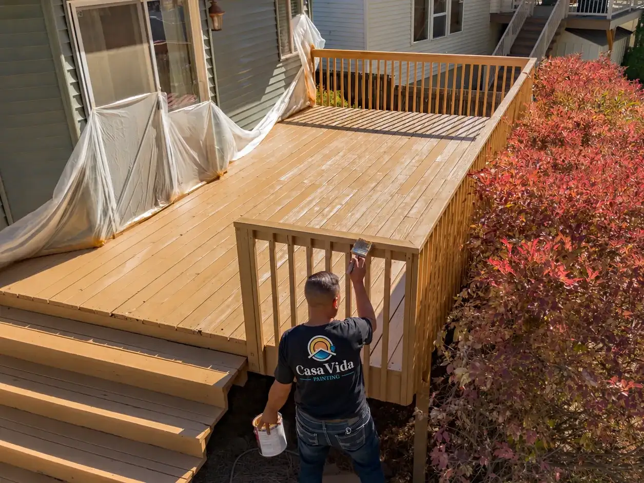 Drone view of a Casa Vida painter, the logo on his back, staining a deck railing, with the deck, its stairs and the back doors masked in plastic